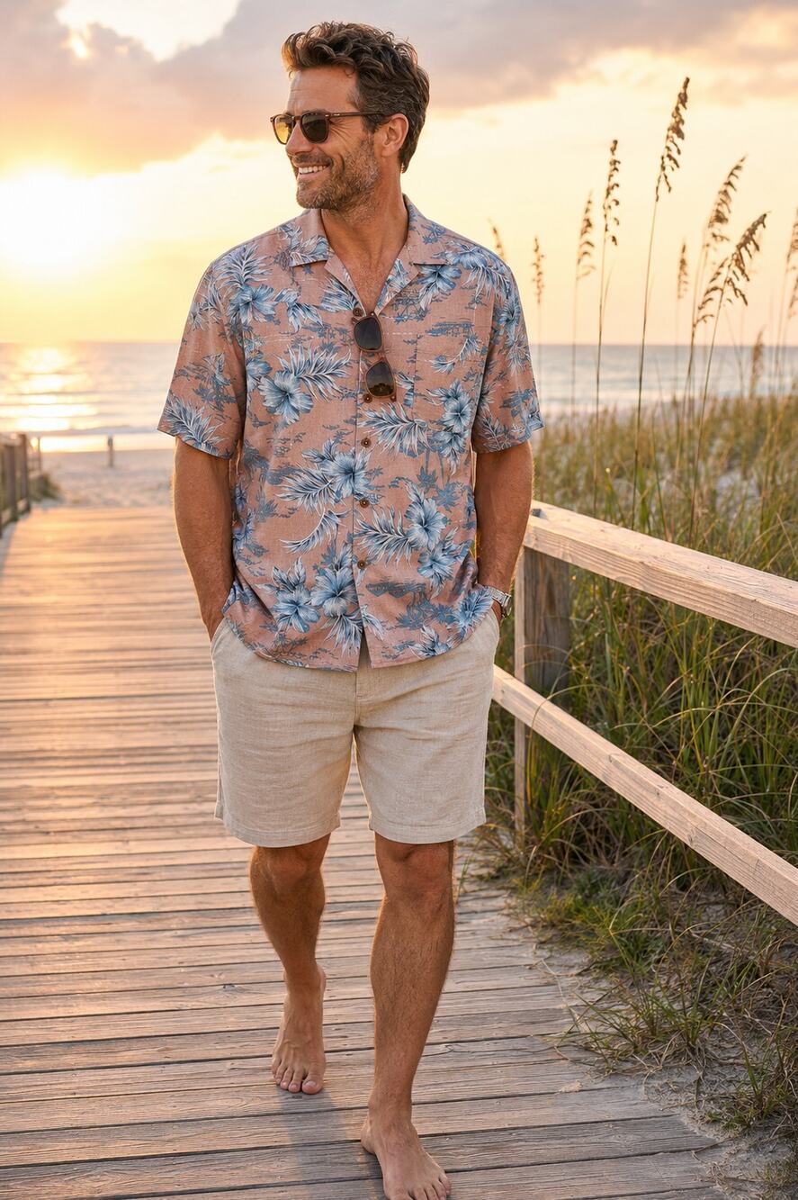 Milano Bay Hawaiian Camp Shirt Mens Medium Peach Blue Tropical Resort Button Up